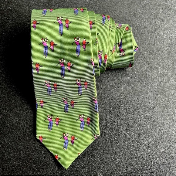 Polo by Ralph Lauren 100% Silk Handmade Tie, Green with Golfers - Picture 1 of 11